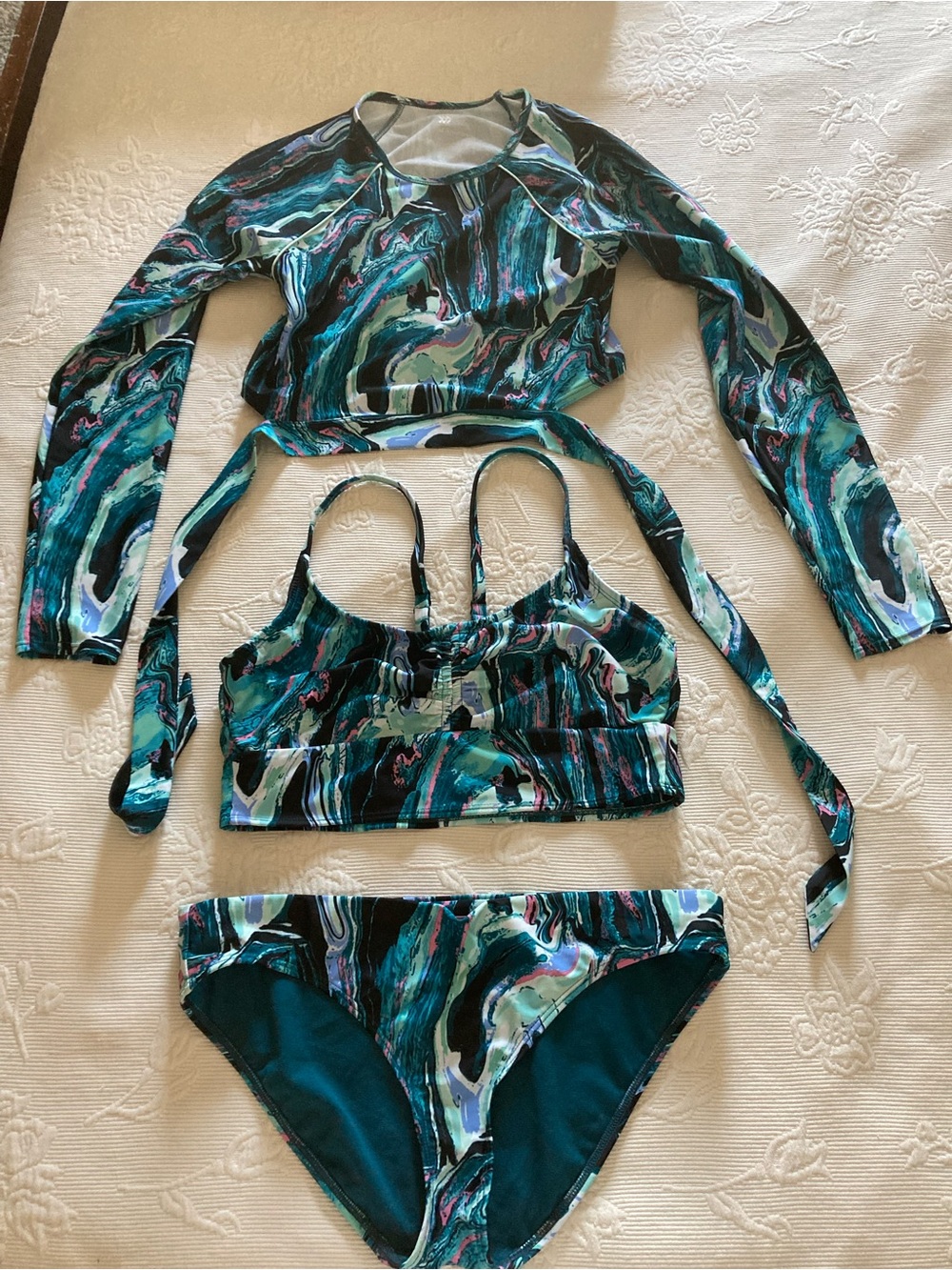 all in motion Teal Marble Print 3-Piece Swim Set